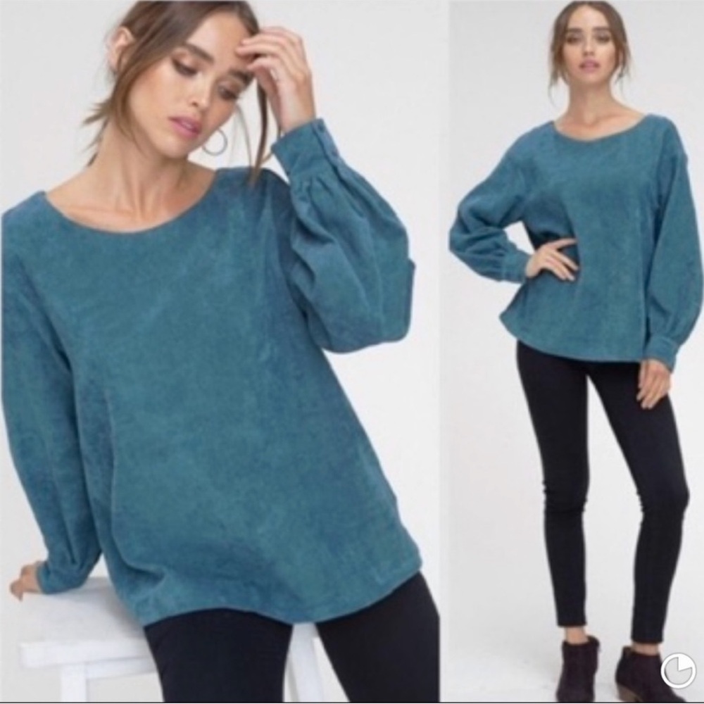 Teal Balloon Sleeve Corduroy Top